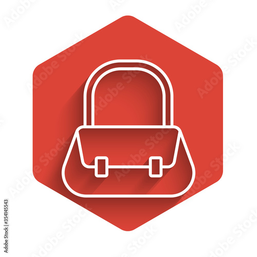 White line Handbag icon isolated with long shadow. Female handbag sign. Glamour casual baggage symbol. Red hexagon button. Vector Illustration.