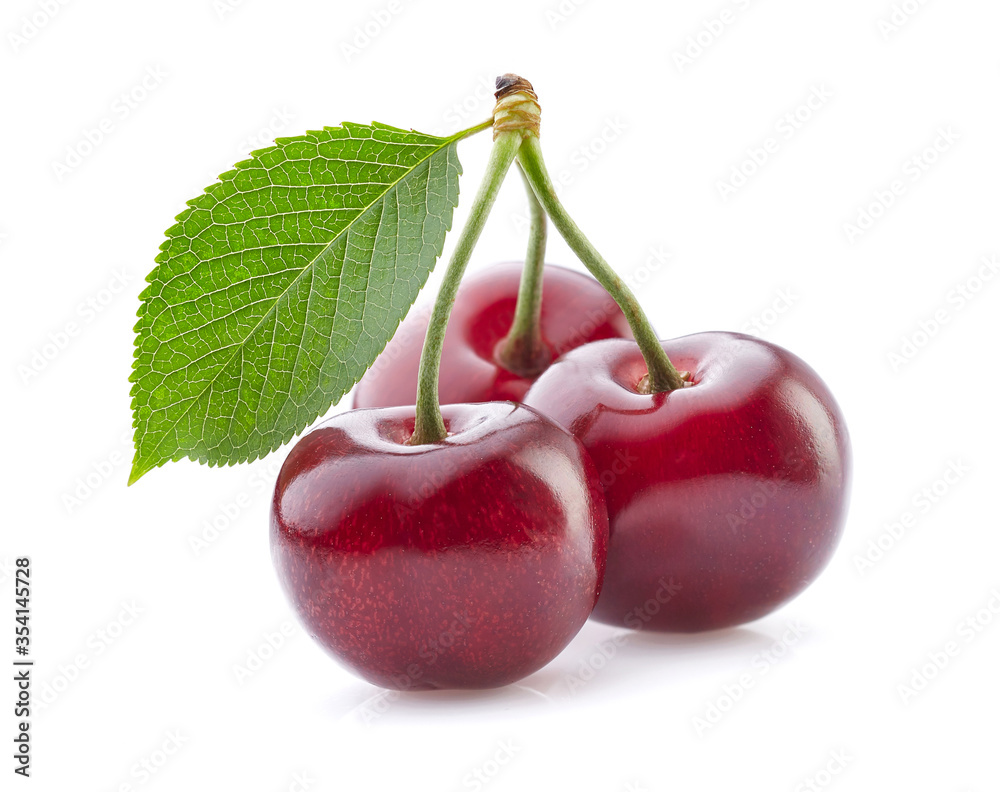 Sweet cherry with leaves on white background
