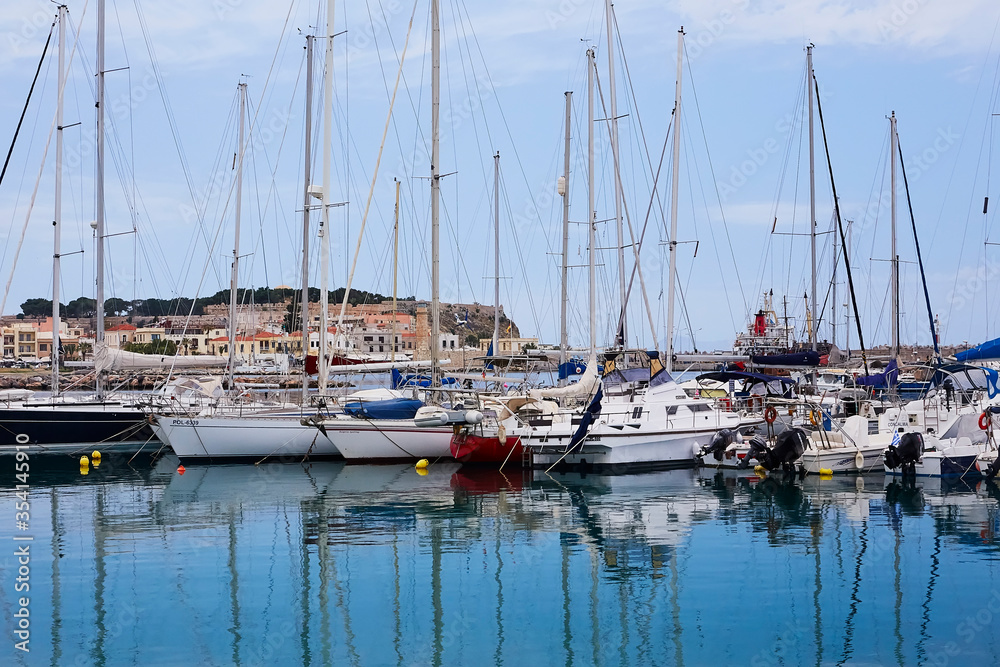 Beautiful white yachts in the seaport of the Rethymno,