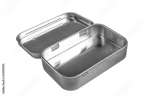 Silver shiny food container isolated on white background. Empty metallic tin can 