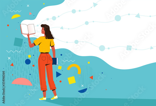 A young woman is standing, holding a book in her hand and reading. Abstract concept of education and reading love with flying geometric shapes