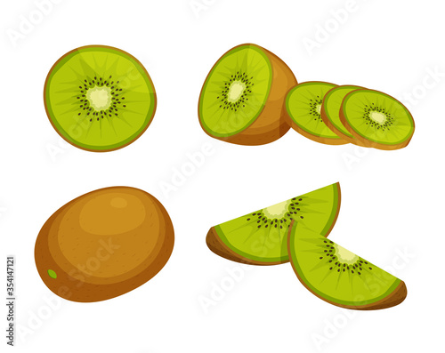 Set of fresh whole, half, cut slice of kiwi isolated on white background. Citrus fruit. Vegan food vector icons in a trendy cartoon style. Healthy food concept.