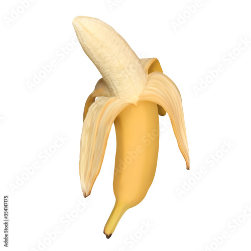 Realistic open banana isolated on white background. Half peeled banana. Vector illustration