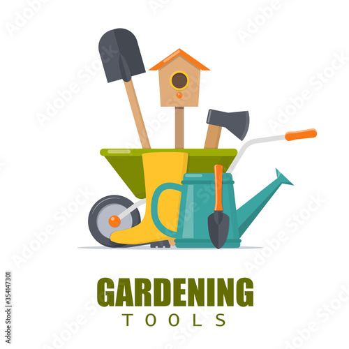 Banner gardening. Concept of gardening. Garden tools. Vector illustration.