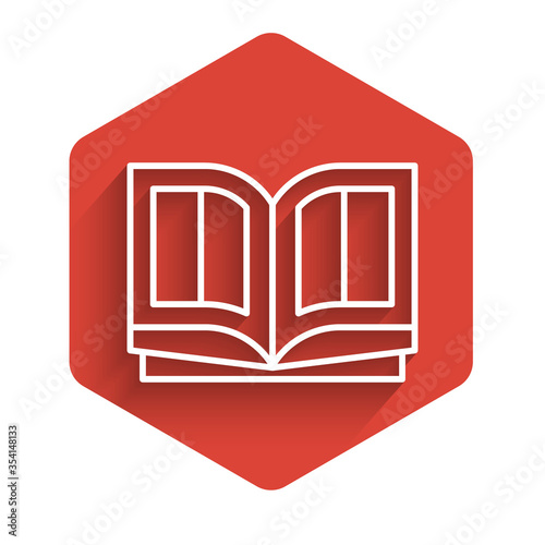 White line Holy bible book icon isolated with long shadow. Red hexagon button. Vector Illustration.