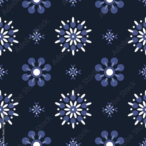 Seamless abstract vector pattern. Vintage folk print imitation printed fabric. For wear, fabric, textile, phone case, home textile. Simple pattern made up of circles on a dark background