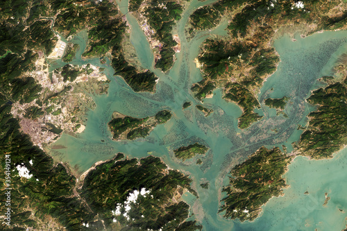Satellite image of aquaculture in Sansha Bay  China. Contains modified Copernicus Sentinel data 2019.