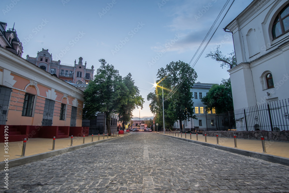 Empty street in the center of the east European city of Kiev at dusk.