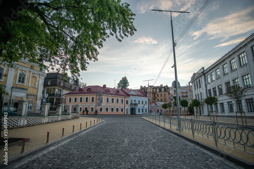 Empty street in the center of the east European city of Kiev at dusk.