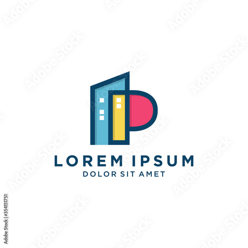 Letter P With Colorful Building For Construction Company Logo