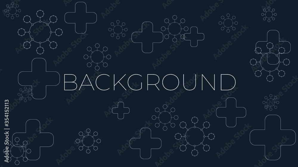 Abstract background of molecules, connected structure. Scientific concept for your design. Vector illustration. Cross and covid-19 molecules background