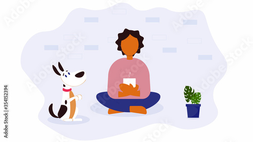 Stay home women illustration. Young woman with cute dog is sitting, drinking tea. Trendy flat vector card poster for self isolation during quarantine. Relax at home.