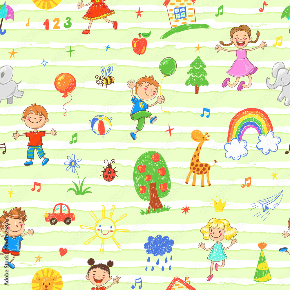 Seamless vector patttern with happy playing and jumping boys and girls and childrens drawing doodles Seamless vector patttern with happy playing and jumping boys and girls and childrens drawing doodles