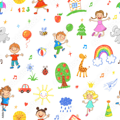 Seamless vector patttern with happy playing and jumping boys and girls and childrens drawing doodles