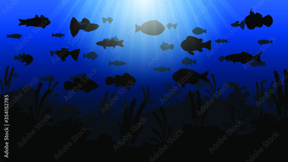 Obraz premium Abstract Blue Underwater Ocean Sea Nature Background Vector With Fish And Shadows Seaweed