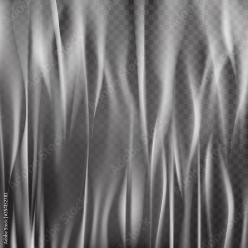 Vector vertical stretched white transparent plastic film in the style of realism.Mocap packaging film with folds and extensions in the form of an arc on a translucent background.Realistic cellophane