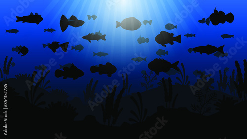 Abstract Blue Underwater Ocean Sea Nature Background Vector With Fish And Shadows Seaweed