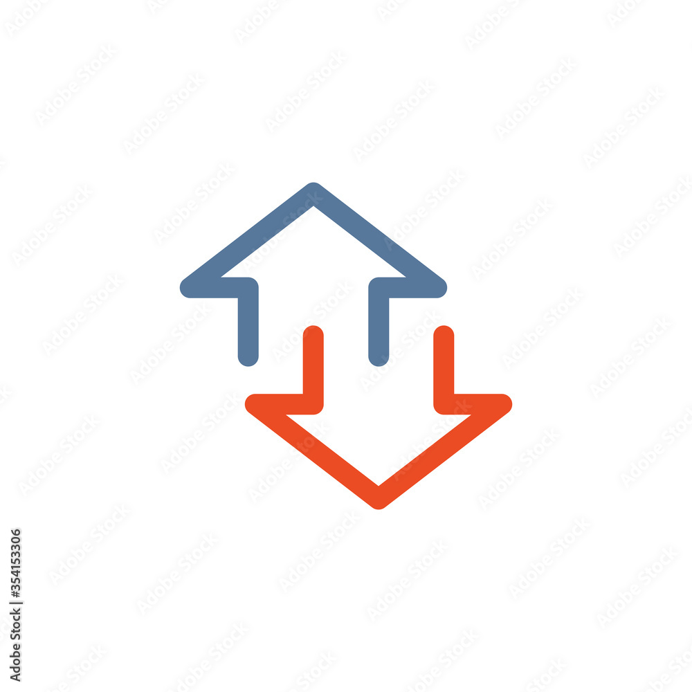 Simple linear up and down arrows. Upward, downward arrows in blue and red. Stock vector illustration isolated on white background. Simple linear up and down arrows. Upward, downward arrows in blue and red. Stock vector illustration isolated on white background.