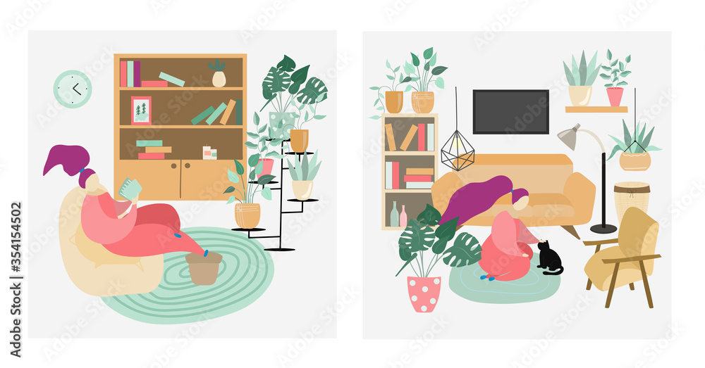 Illustration set of a girls relaxing at home, room is furnished with comfortable furniture and plants; spending time at home concept, vector illustration in a flat style Illustration set of a girls relaxing at home, room is furnished with comfortable furniture and plants; spending time at home concept, vector illustration in a flat style