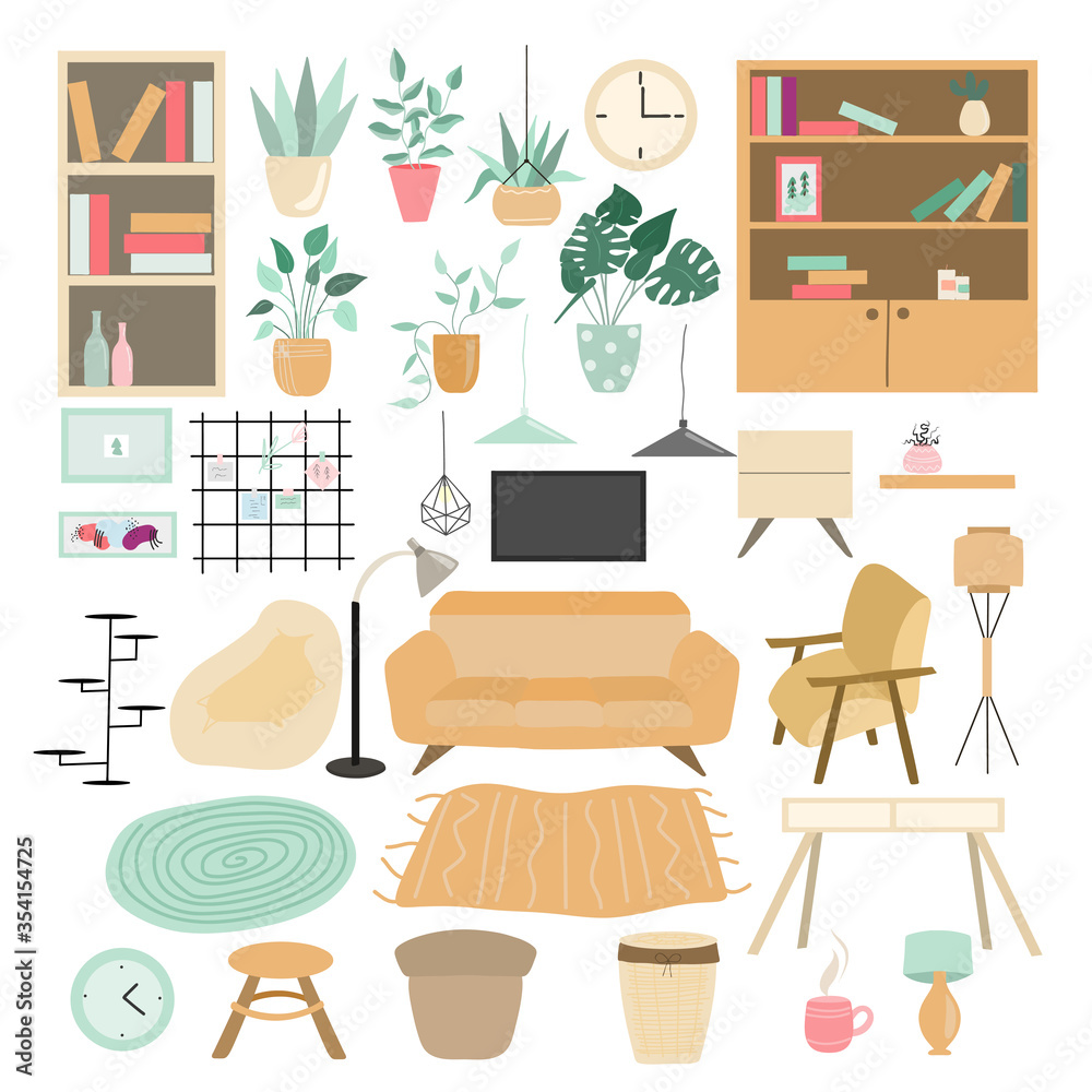 Fototapeta premium Set of trendy furniture, home furnishings interior decorations of scandinavian and boho style, isolated elements on white background, flat style vector illustration