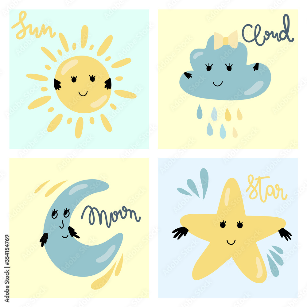 Set of cute sky nature characters  with smiling face (sun, cloud, moon and star), nursery art, children's vector illustration in flat style, poster design