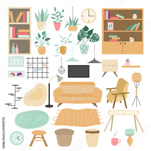 Set of trendy furniture, home furnishings interior decorations of scandinavian and boho style, isolated elements on white background, flat style vector illustration