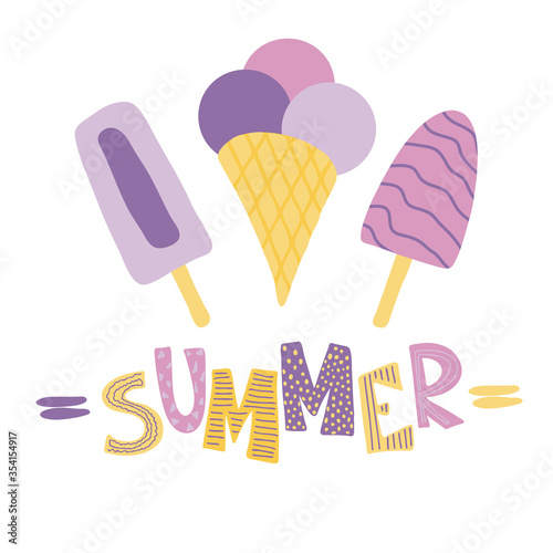 Illustration of various ice cream in purple colors and lettering Summer, flat vector illustration isolated on white background