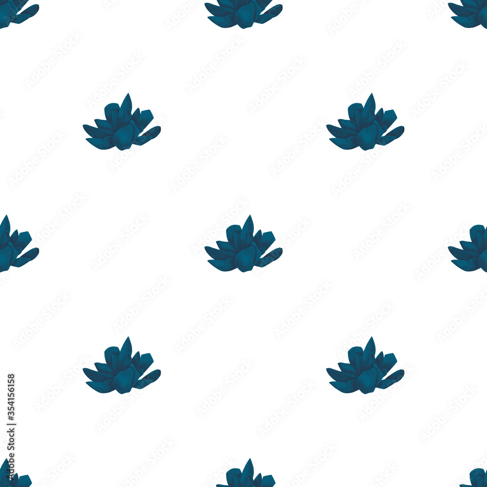 Deep blue textured succulent seamless pattern on white. Textile and paper design.
