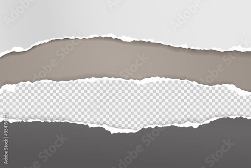 Torn, ripped pieces of horizontal black and white squared paper with soft shadow are on brown background for text. Vector illustration