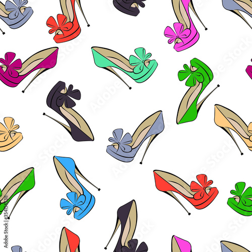 Seamless pattern of bright shoes with a stiletto bow. Design can be used for wallpaper, textile, fabric, wrapping paper, printing on a T-shirt or clothing, forms for shoe boutiques. Isolated vector