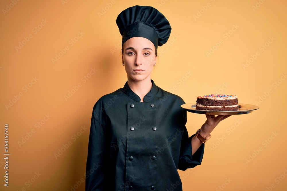 Young beautiful baker woman wearing cooker uniform and hat holding tray with cake with a confident expression on smart face thinking serious Young beautiful baker woman wearing cooker uniform and hat holding tray with cake with a confident expression on smart face thinking serious