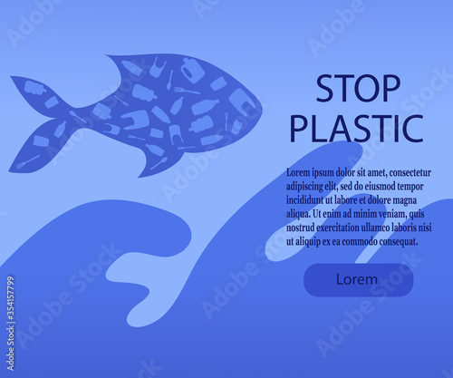 Poster protect the ocean from plastic. The fish is made of plastic. Vector illustration with place for your text.