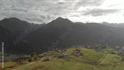 Aerial view from drone flying over Svaneti, Georgia photo