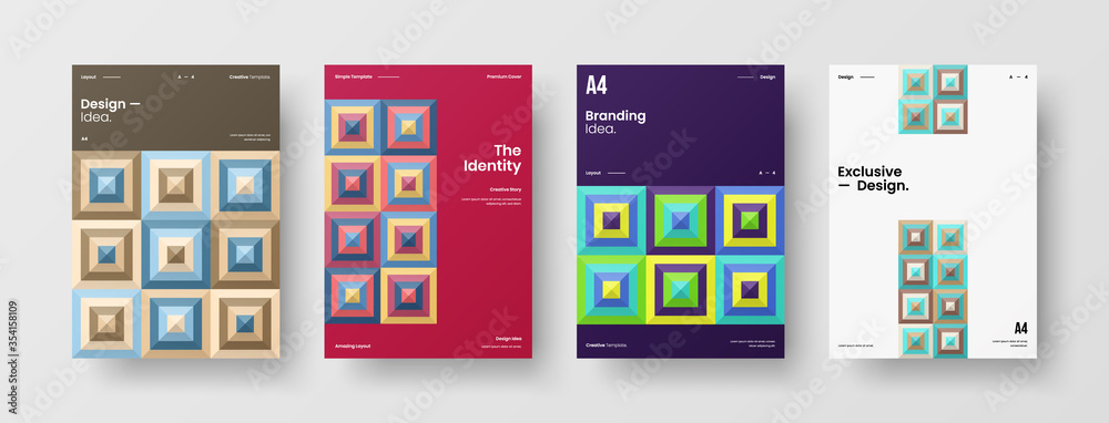 Company identity brochure template collection. Business presentation vector A4 vertical orientation front page mock up set. Corporate report cover abstract geometric illustration design layout bundle.
