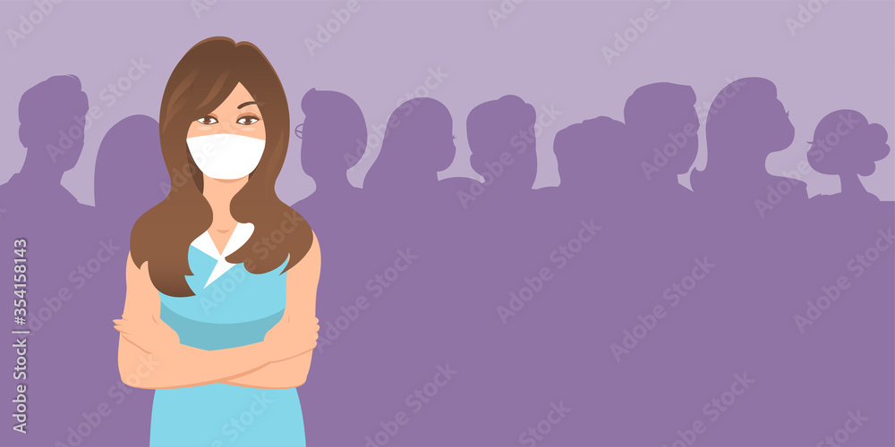 Girl in a protective mask. In the background are silhouettes of people. Vector illustration of a banner on the theme of a new lifestyle during coronavirus or other infections. Girl in a protective mask. In the background are silhouettes of people. Vector illustration of a banner on the theme of a new lifestyle during coronavirus or other infections.