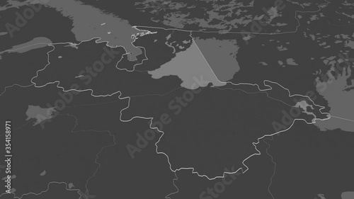 Leningrad, region with its capital, zoomed and extruded on the bilevel map of Russia in the conformal Stereographic projection. Animation 3D