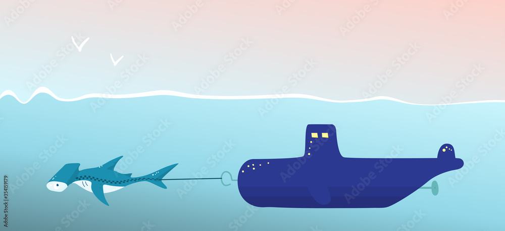 hammerhead shark taxi is towed by a submarine hammerhead shark taxi is towed by a submarine