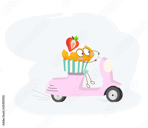 cupcake character rides a pink scooter