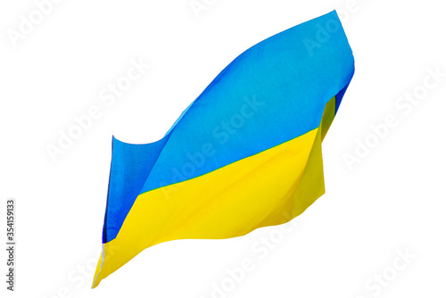 Ukrainian flag waving in the wind isolated on white
