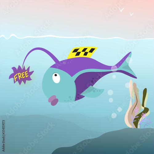 fish with a taxi sign under the water waiting for customers