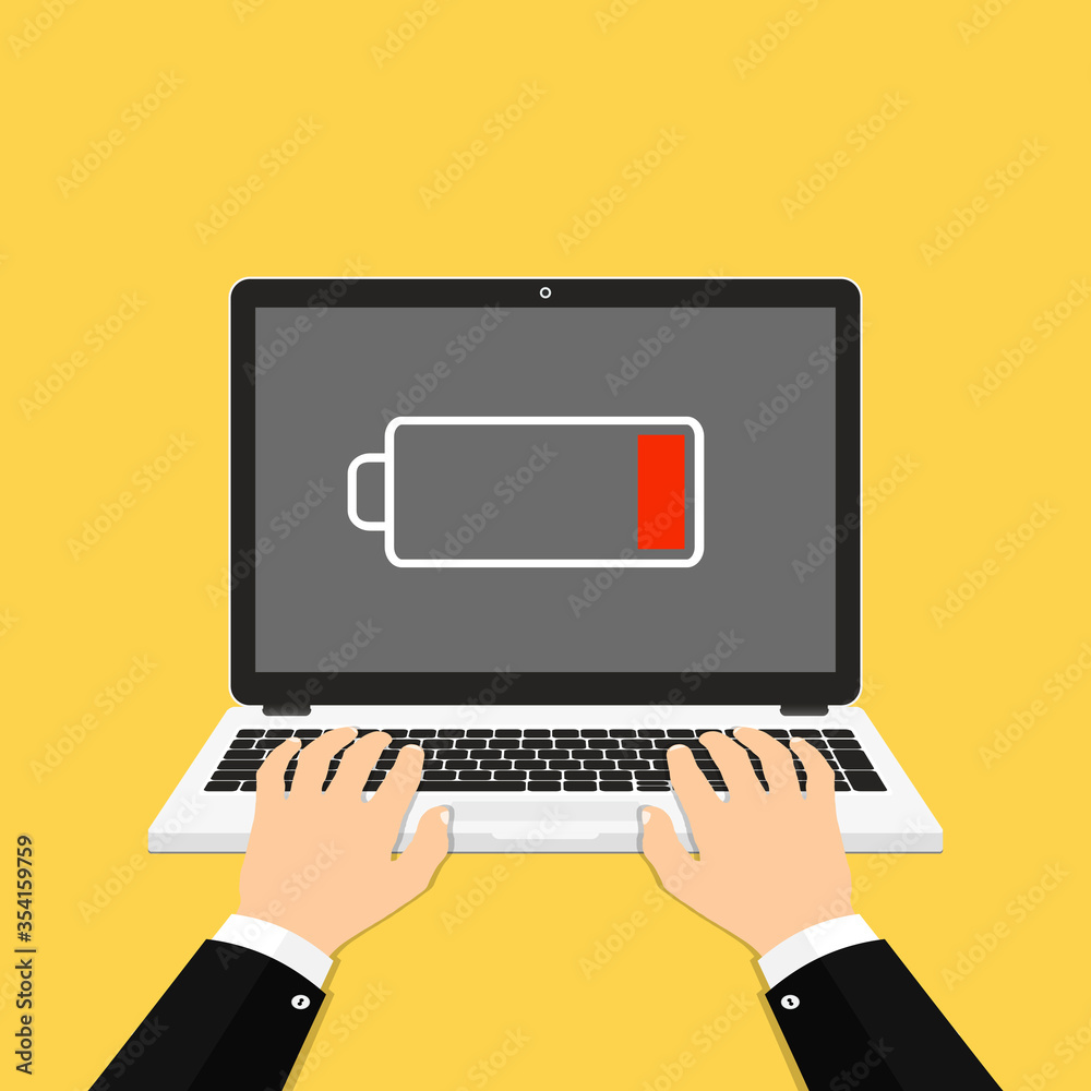 Laptop with low battery sign on screen. Hands on the laptop. Vector Illustration. Laptop with low battery sign on screen. Hands on the laptop. Vector Illustration.