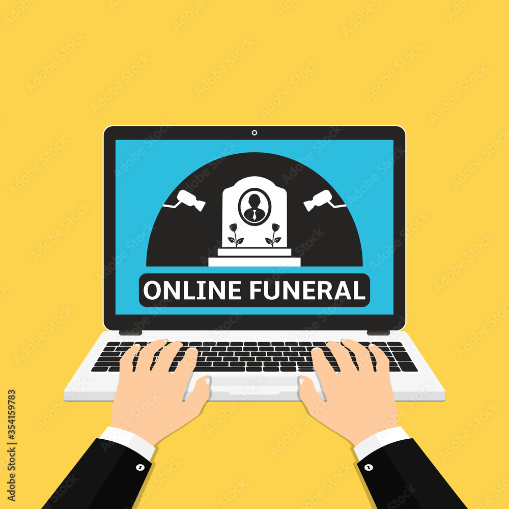 Man hands using laptop with online broadcast of funeral. Vector illustration Man hands using laptop with online broadcast of funeral. Vector illustration