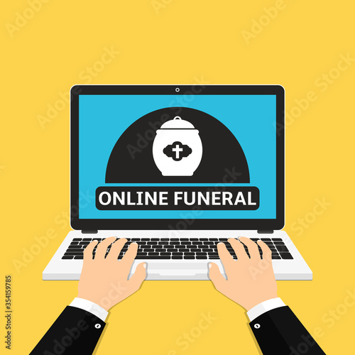 Online funeral service on laptop screen. Hands on the laptop. Vector Illustration.