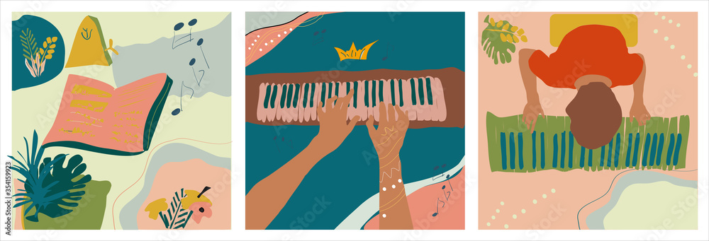 Musical set of three hand drawn vector isolated trendy illustrations with abstract backgrounds. Hands playing piano, musical notes with metronome and man with piano keys. Naive art in pastel colors