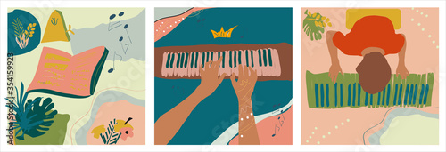 Musical set of three hand drawn vector isolated trendy illustrations with abstract backgrounds. Hands playing piano, musical notes with metronome and man with piano keys. Naive art in pastel colors