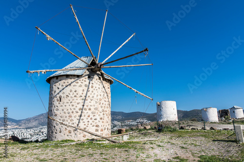 old windmills located in the bodrum of the high hill in Turkey.