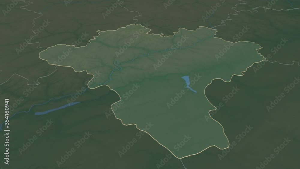 Lipetsk, region with its capital, zoomed and extruded on the relief map of Russia in the conformal Stereographic projection. Animation 3D
