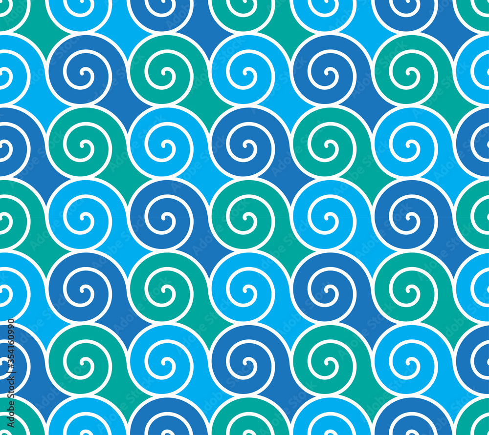 Marine seamless vector pattern in greek style. Modern take on traditional meander ornament. Blue, green and navy waves with white contour. Circular water movement. Perfect for sea and holidays theme.