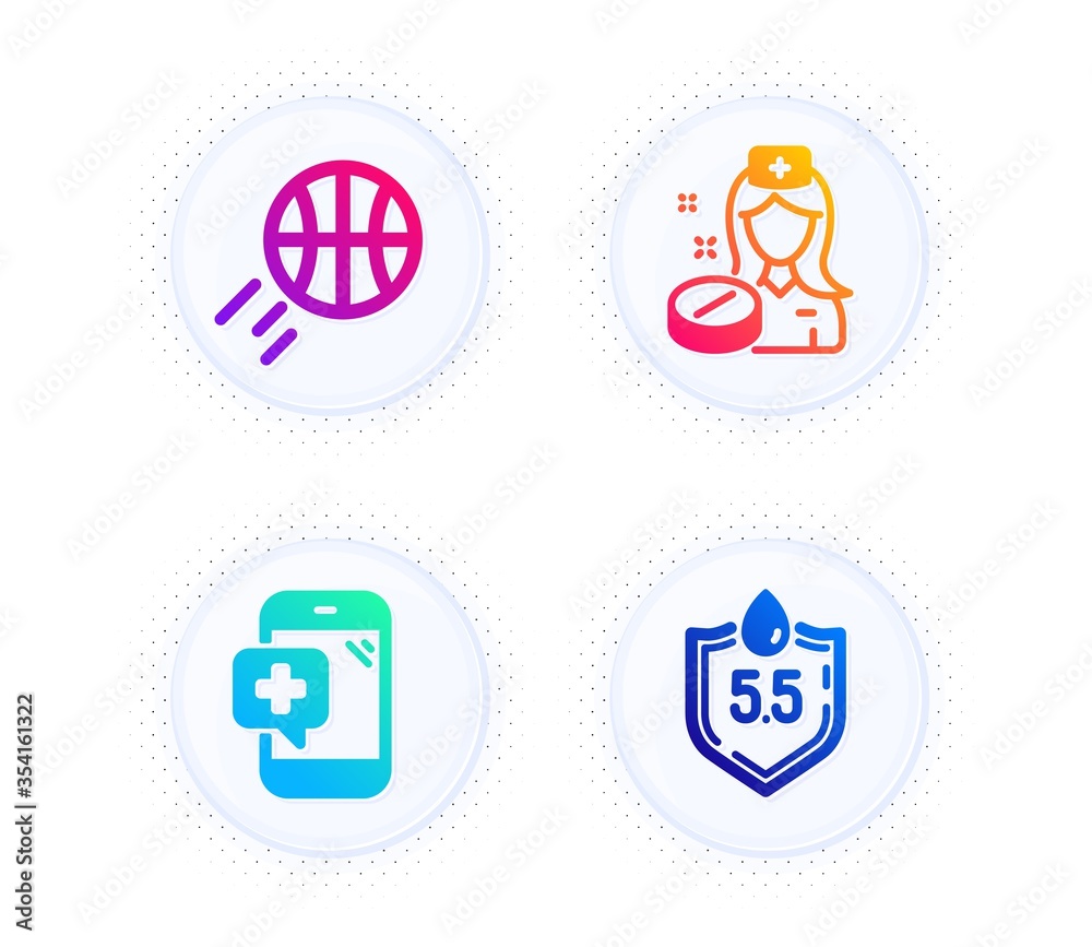 Nurse, Medical phone and Basketball icons simple set. Button with halftone dots. Ph neutral sign. Medicine pill, Mobile medicine, Sport ball. Water. Healthcare set. Gradient flat nurse icon. Vector