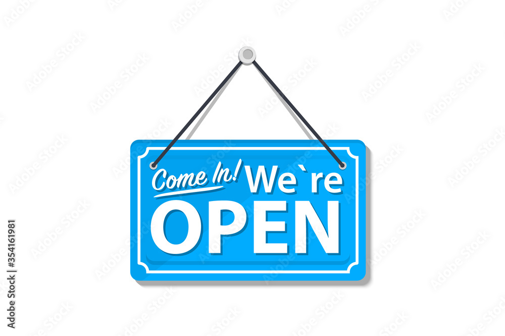 Come in We're Open. Open Store Sign. Information warning sign about Open on door store. Concept for Open businesses, sites and services. Signboard with a rope. Information boards, signboard Come in We're Open. Open Store Sign. Information warning sign about Open on door store. Concept for Open businesses, sites and services. Signboard with a rope. Information boards, signboard